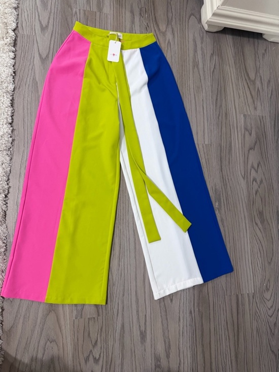 L'ATISTE Pants - L'ATISTE Lime, Pink, White & Blue Colorblock Wide-Leg Pants